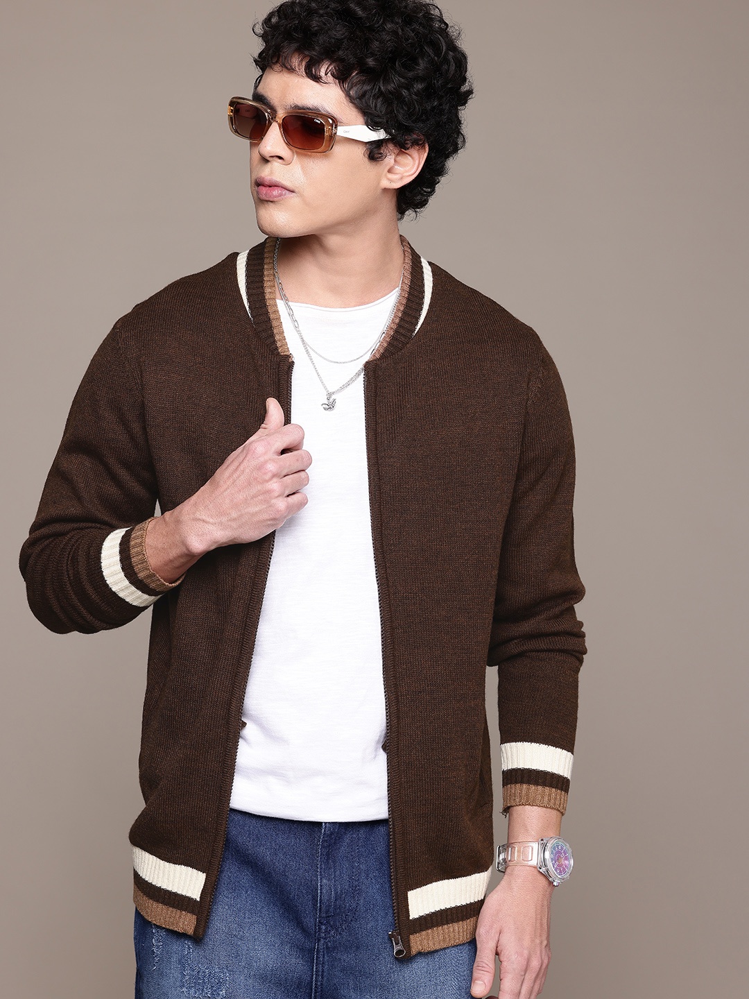 

The Roadster Lifestyle Co. Contrast Collar Front-Open Sweater, Brown