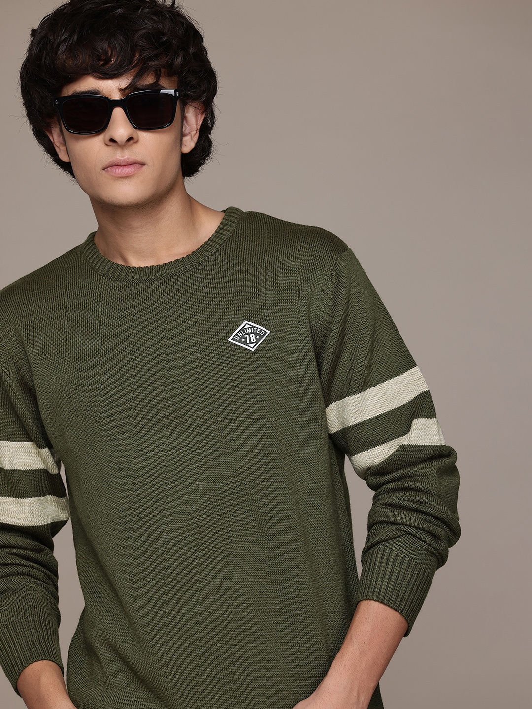 

The Roadster Lifestyle Co. Pure Acrylic Striped Sleeves Pullover, Olive