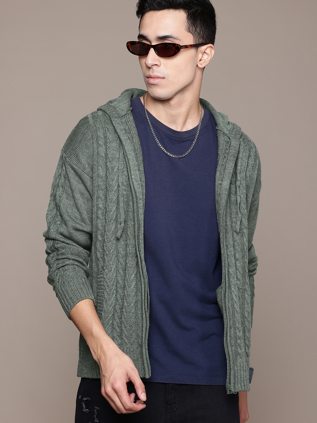 

The Roadster Lifestyle Co. Hooded Cable Knit Front-Open Sweater, Green