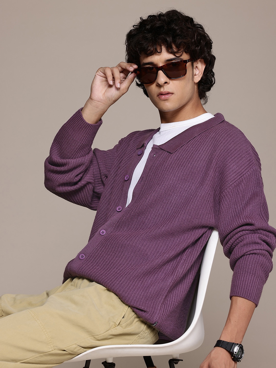 

The Roadster Lifestyle Co. Spread Collar Acrylic Ribbed Oversized Cardigan, Purple