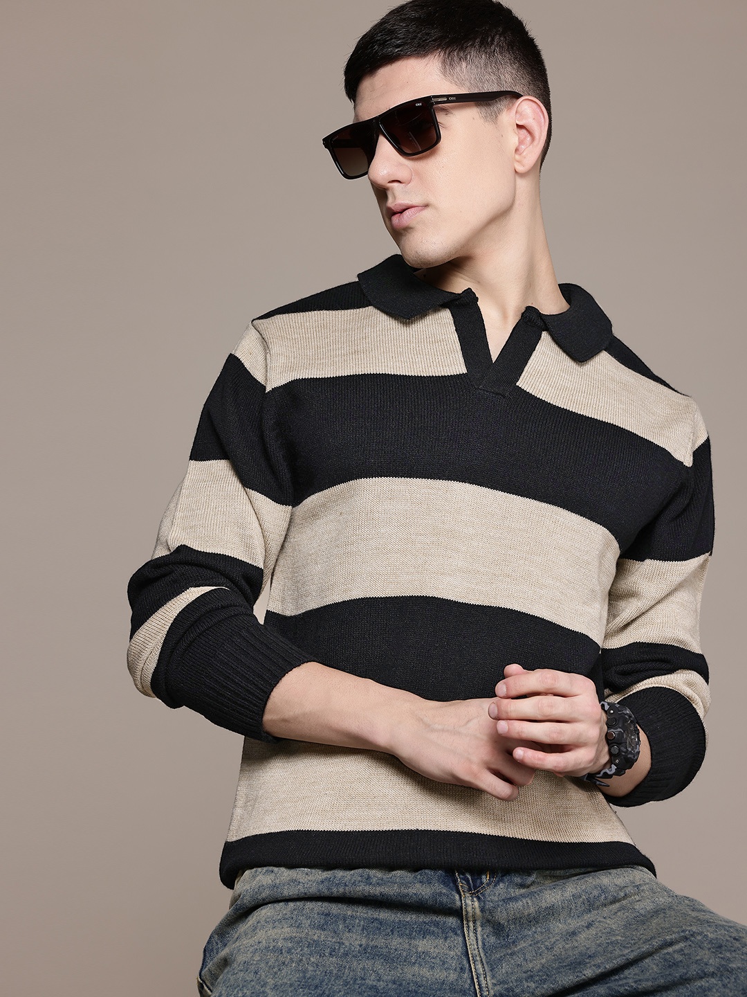 

The Roadster Lifestyle Co. Spread Collar Acrylic Striped Pullover, Beige