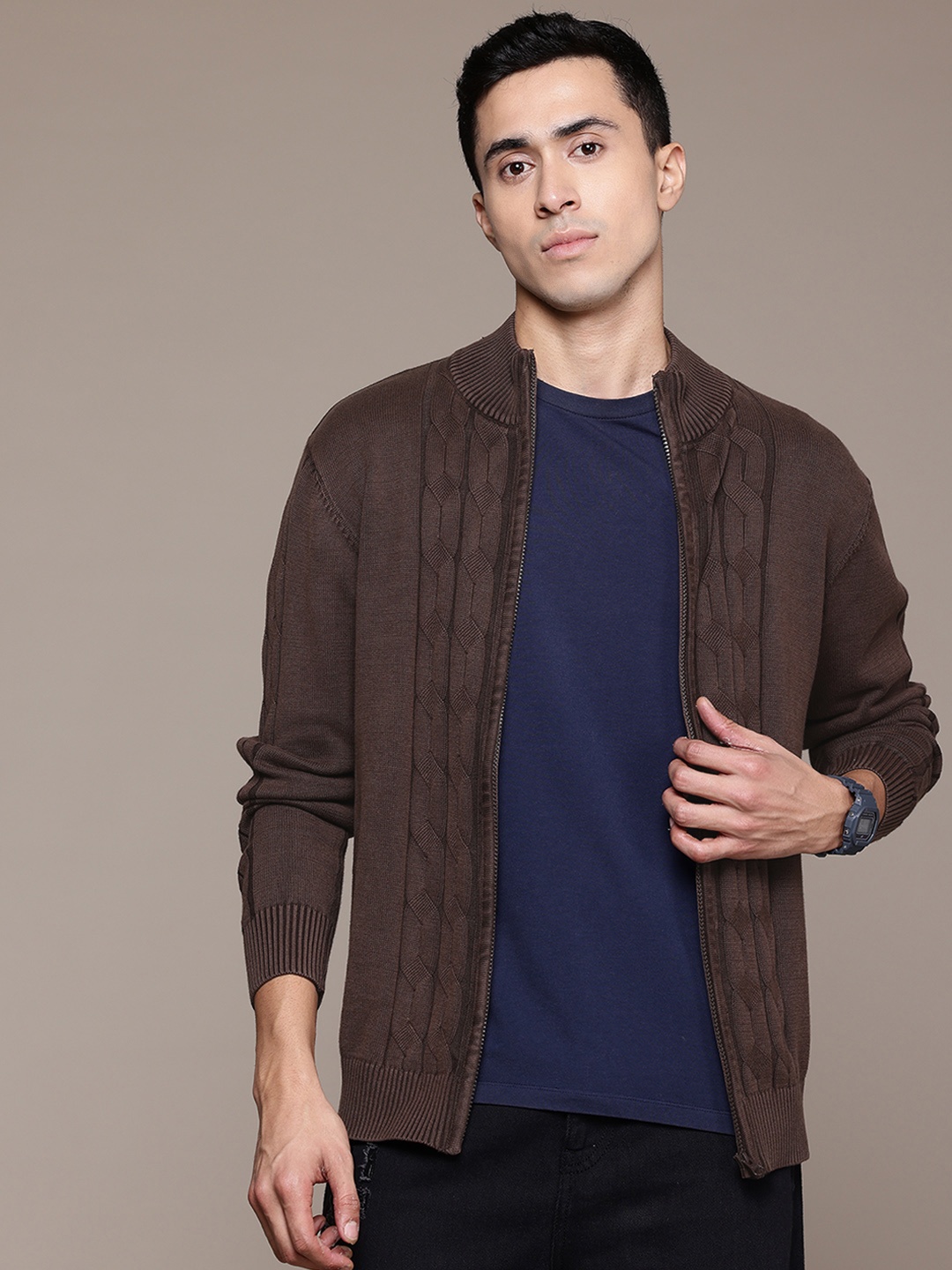 

The Roadster Lifestyle Co. Cable Knit Front-Open Sweater, Brown