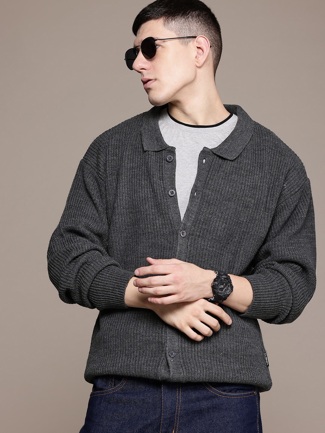 

The Roadster Lifestyle Co. Spread Collar Acrylic Ribbed Oversized Cardigan, Charcoal