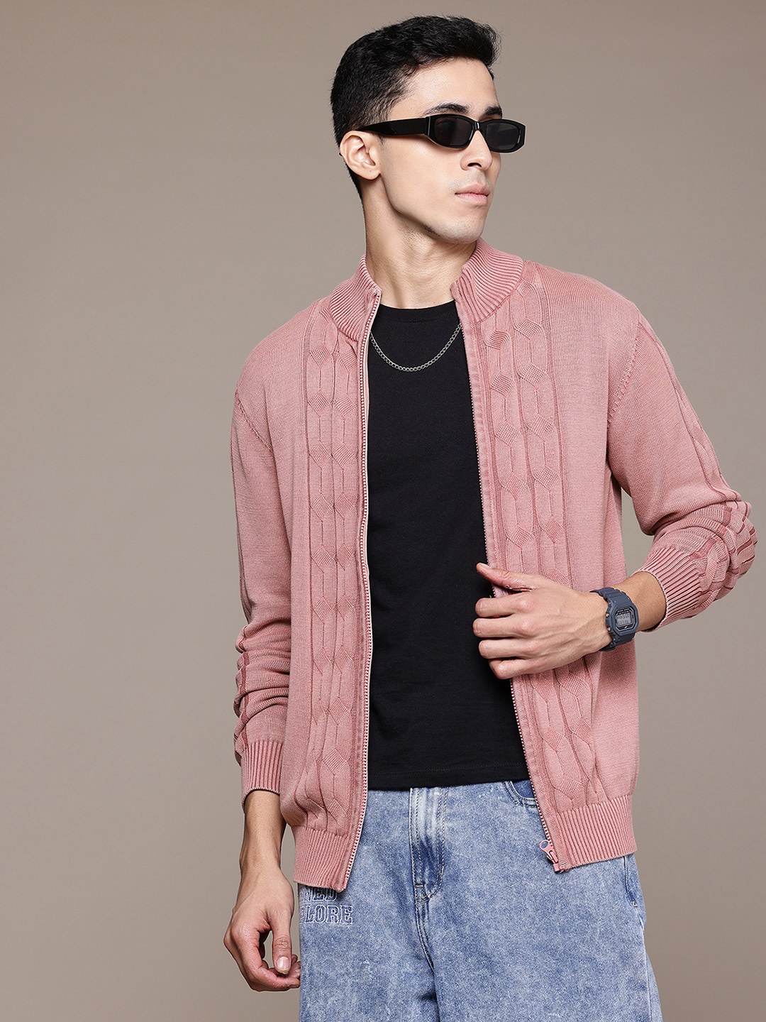 

The Roadster Lifestyle Co. Cable Knit Front-Open Sweater, Rose