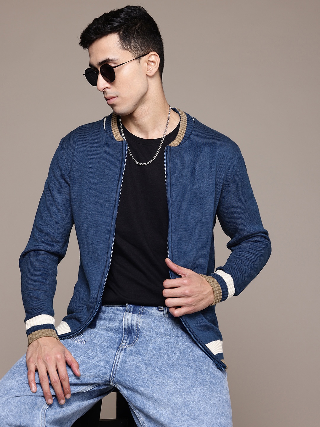 

The Roadster Lifestyle Co. Contrast Collar Front-Open Sweater, Navy blue