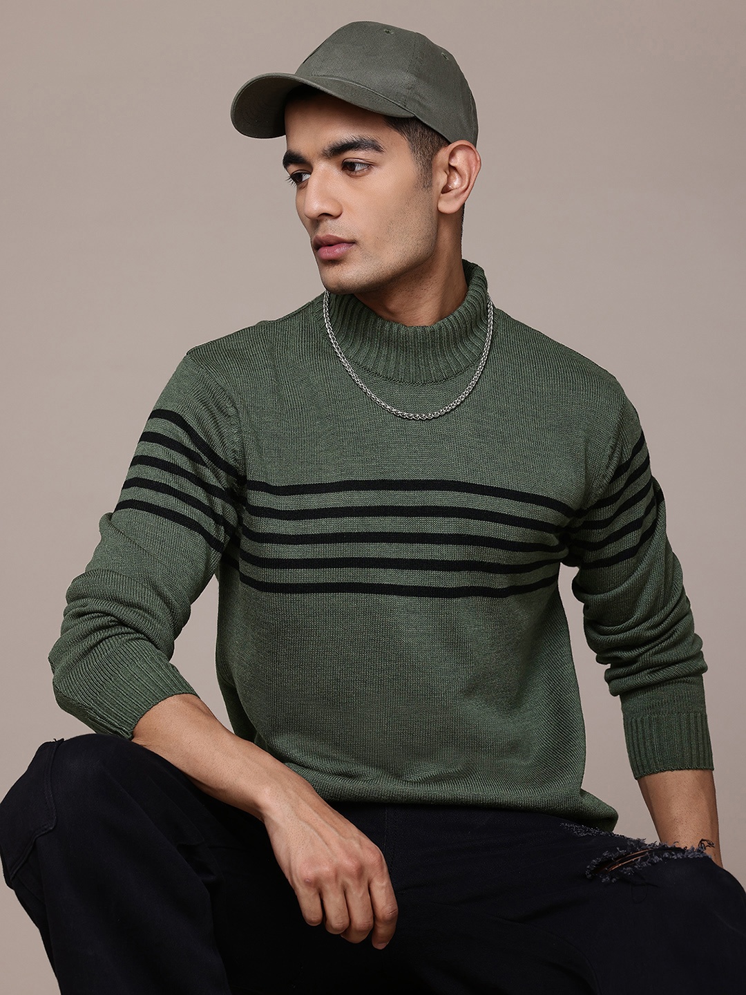 

The Roadster Lifestyle Co. Striped High Neck Pullover, Olive