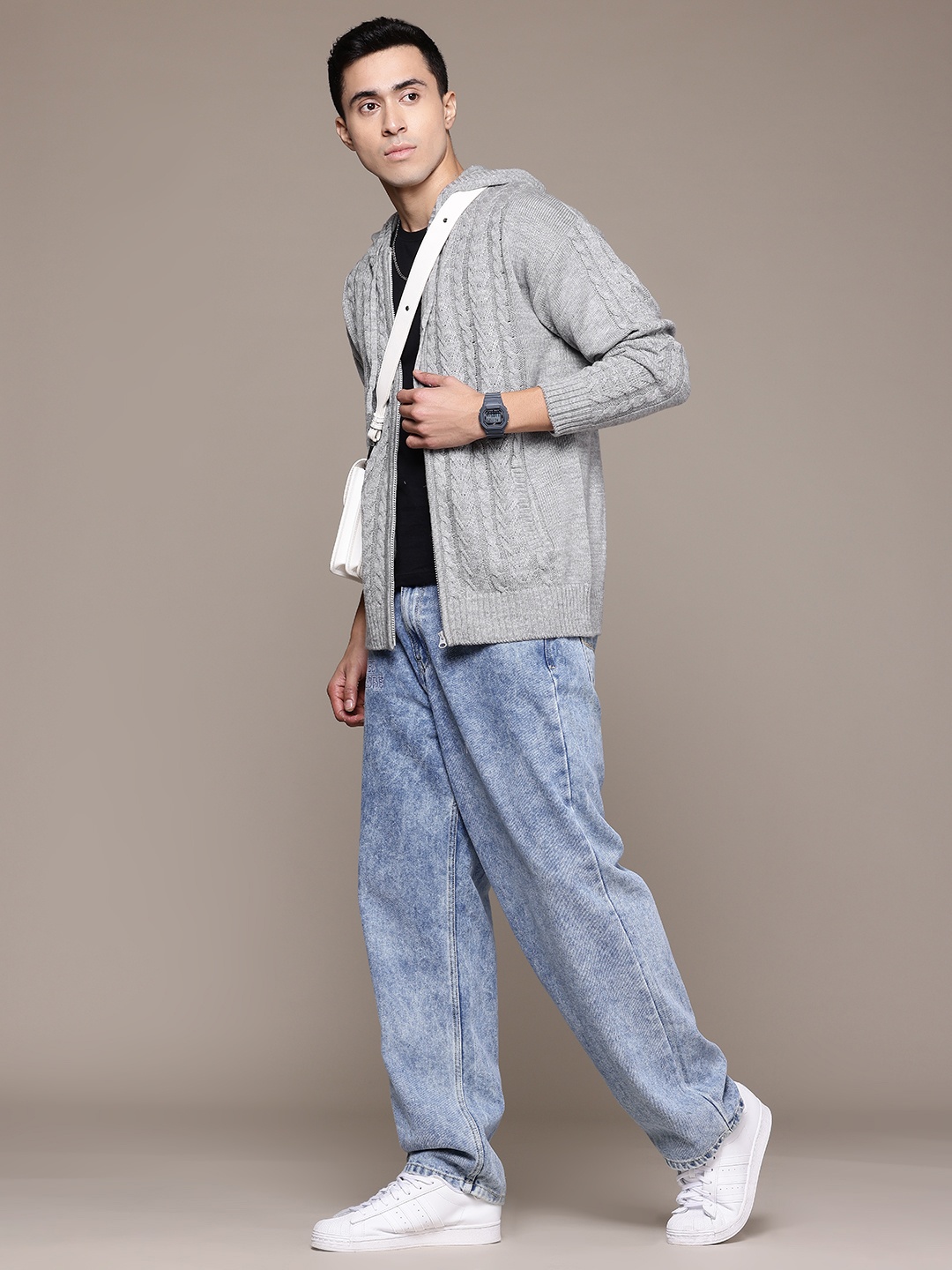 

The Roadster Lifestyle Co. Hooded Cable Knit Front-Open Sweater, Grey melange