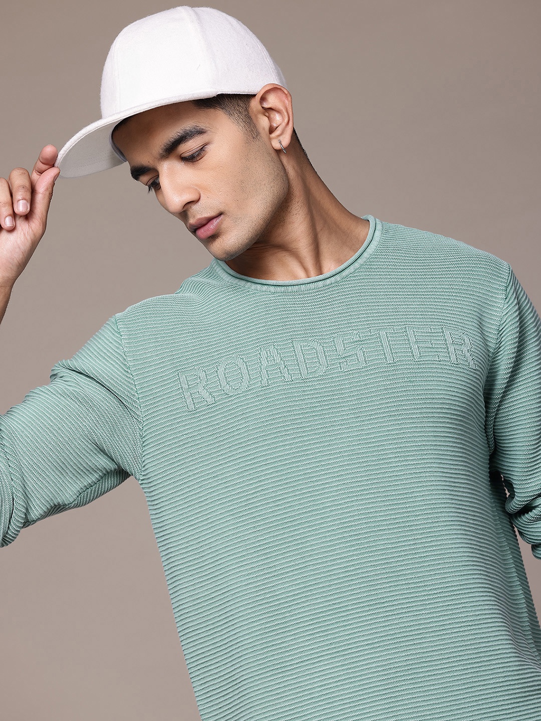

The Roadster Lifestyle Co. Self-Striped Pure Cotton Pullover, Green