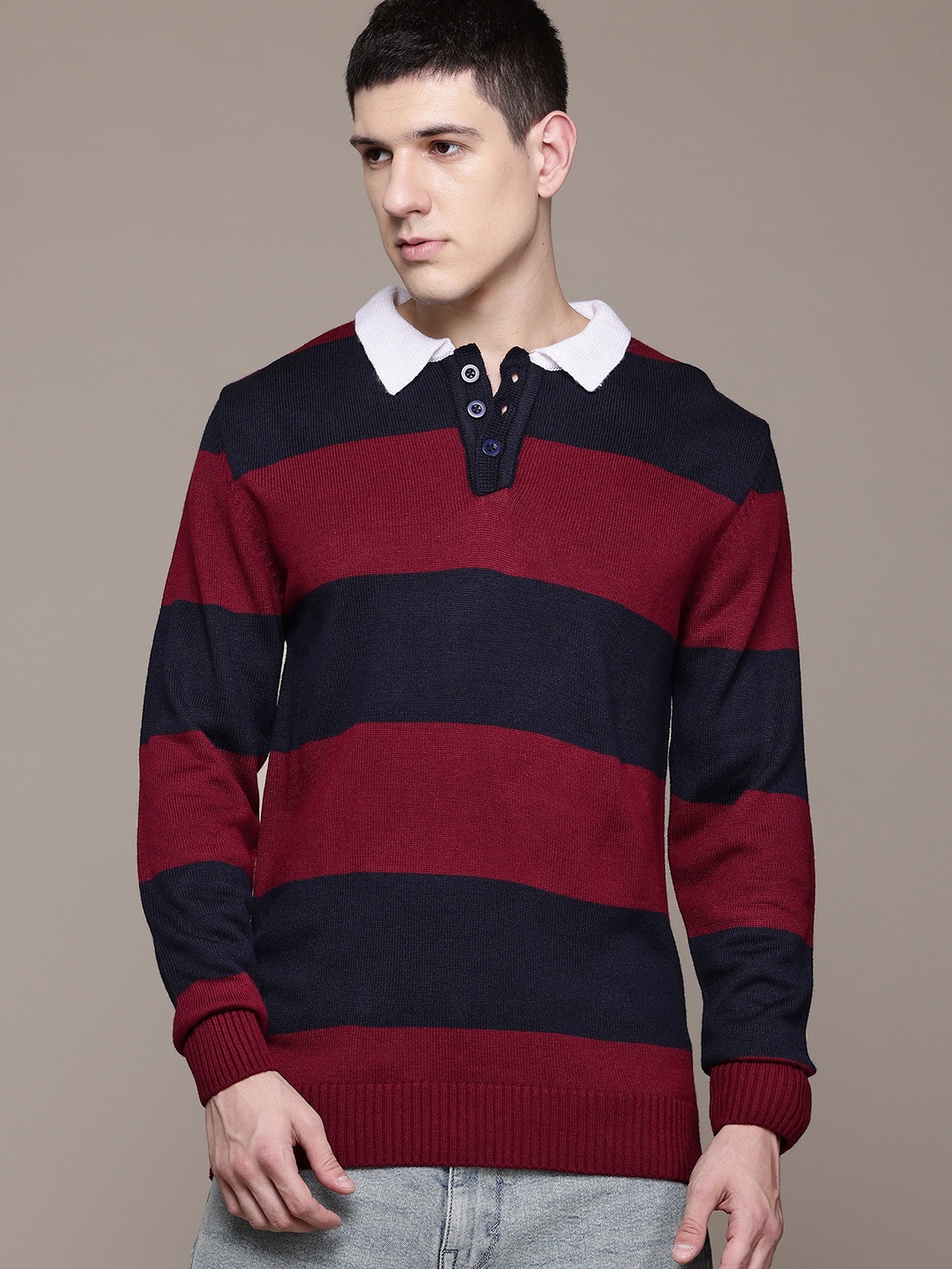 

The Roadster Lifestyle Co. Polo Collar Striped Sweaters, Maroon