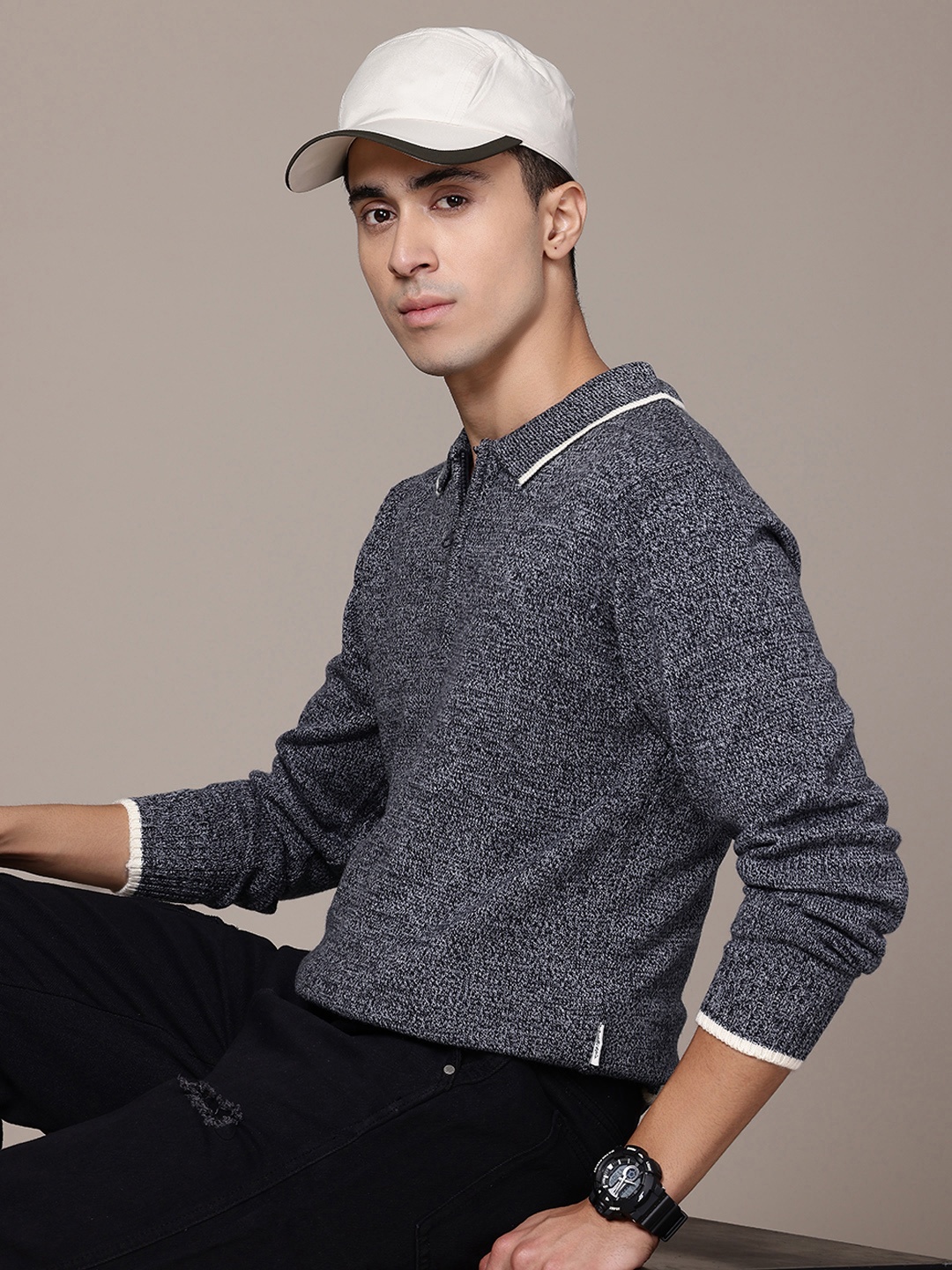 

The Roadster Lifestyle Co. Shirt Collar Acrylic Pullover, Navy blue
