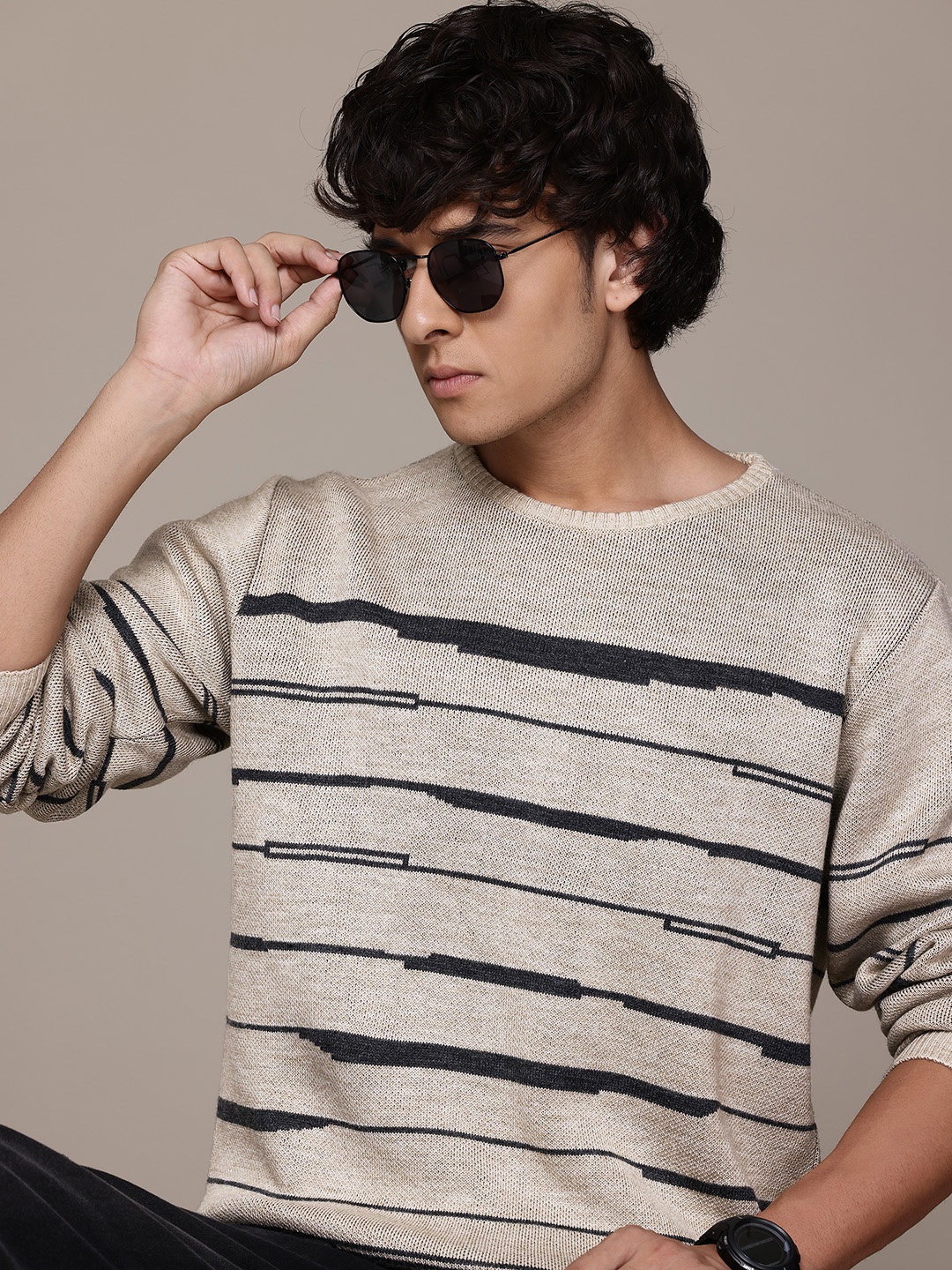 

The Roadster Lifestyle Co. Pure Acrylic Striped Pullover, Beige