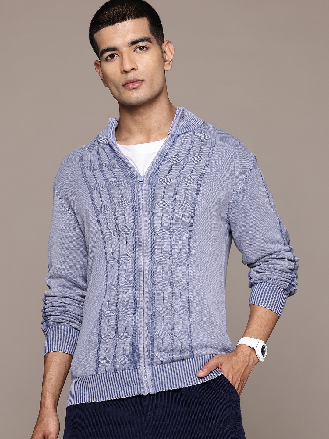 

The Roadster Lifestyle Co. Mock Collar Cable Knit Front-Open Cardigan, Lavender
