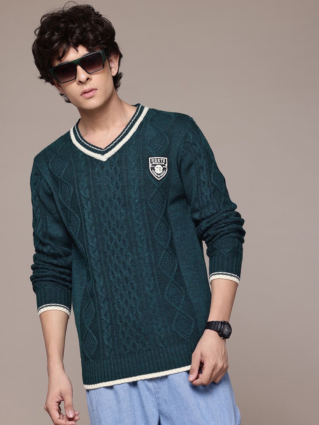 

The Roadster Lifestyle Co. Cable Knit V-Neck Pullover, Green