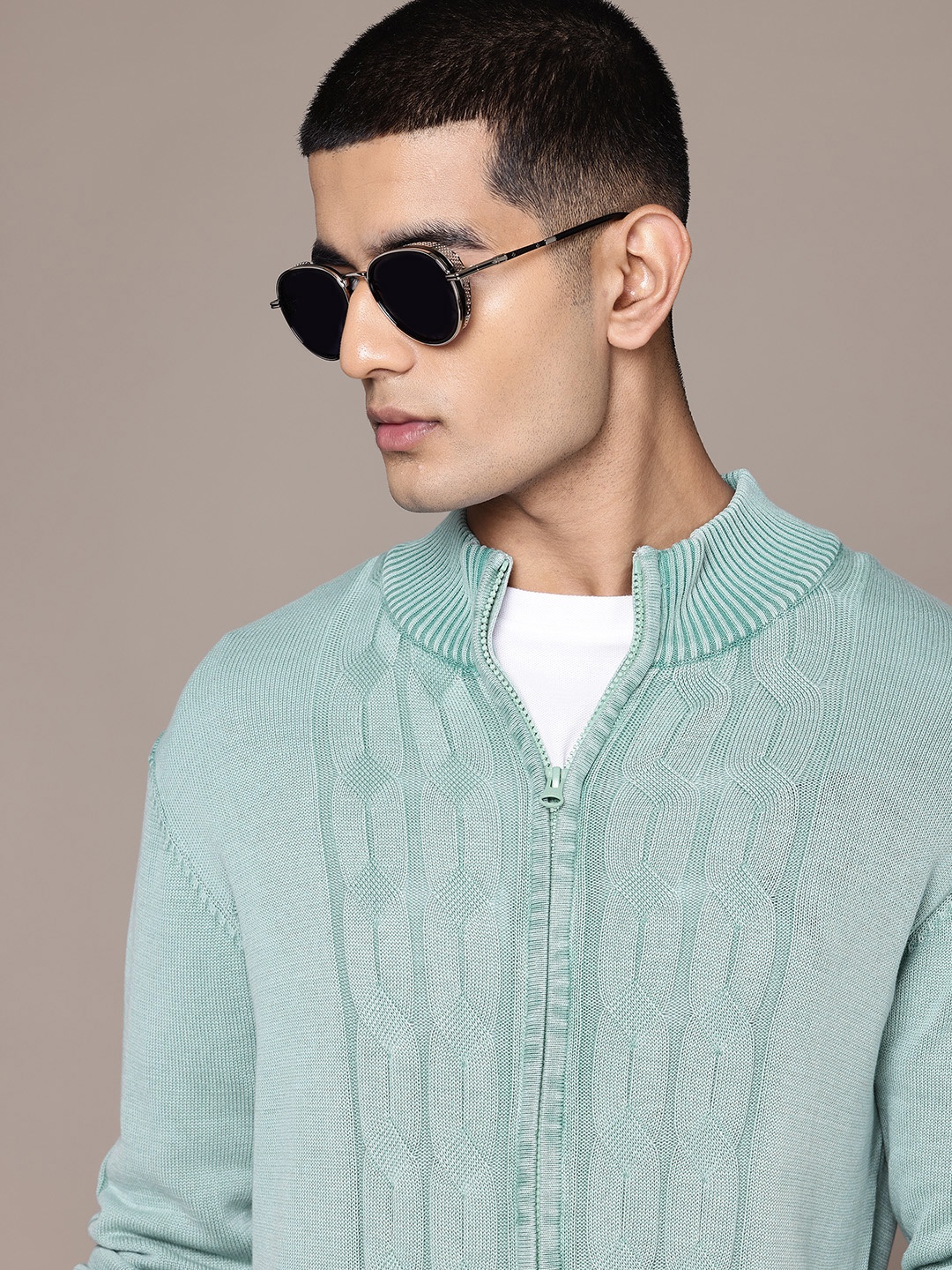 

The Roadster Lifestyle Co. Mock Collar Cable Knit Front-Open Cardigan, Green