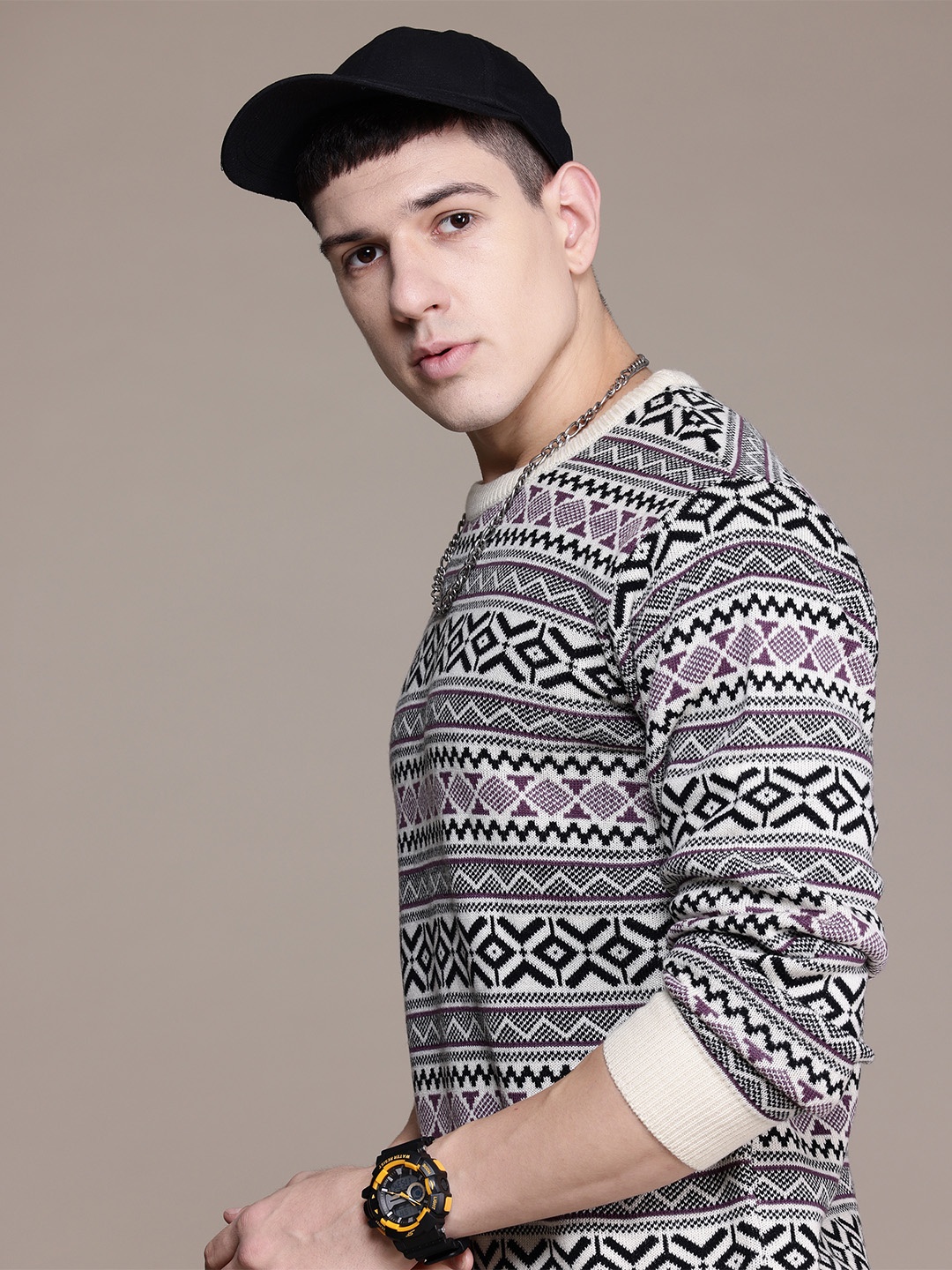 

The Roadster Lifestyle Co. Geometric Woven Designed Round Neck Pullover, White