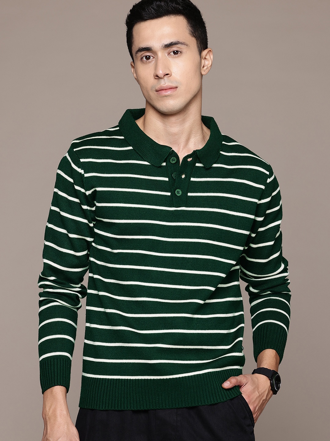 

The Roadster Lifestyle Co. Pure Acrylic Striped Pullover, Green