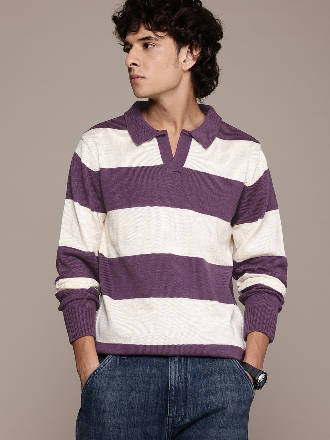 

The Roadster Lifestyle Co. Men Striped Pullover, Purple