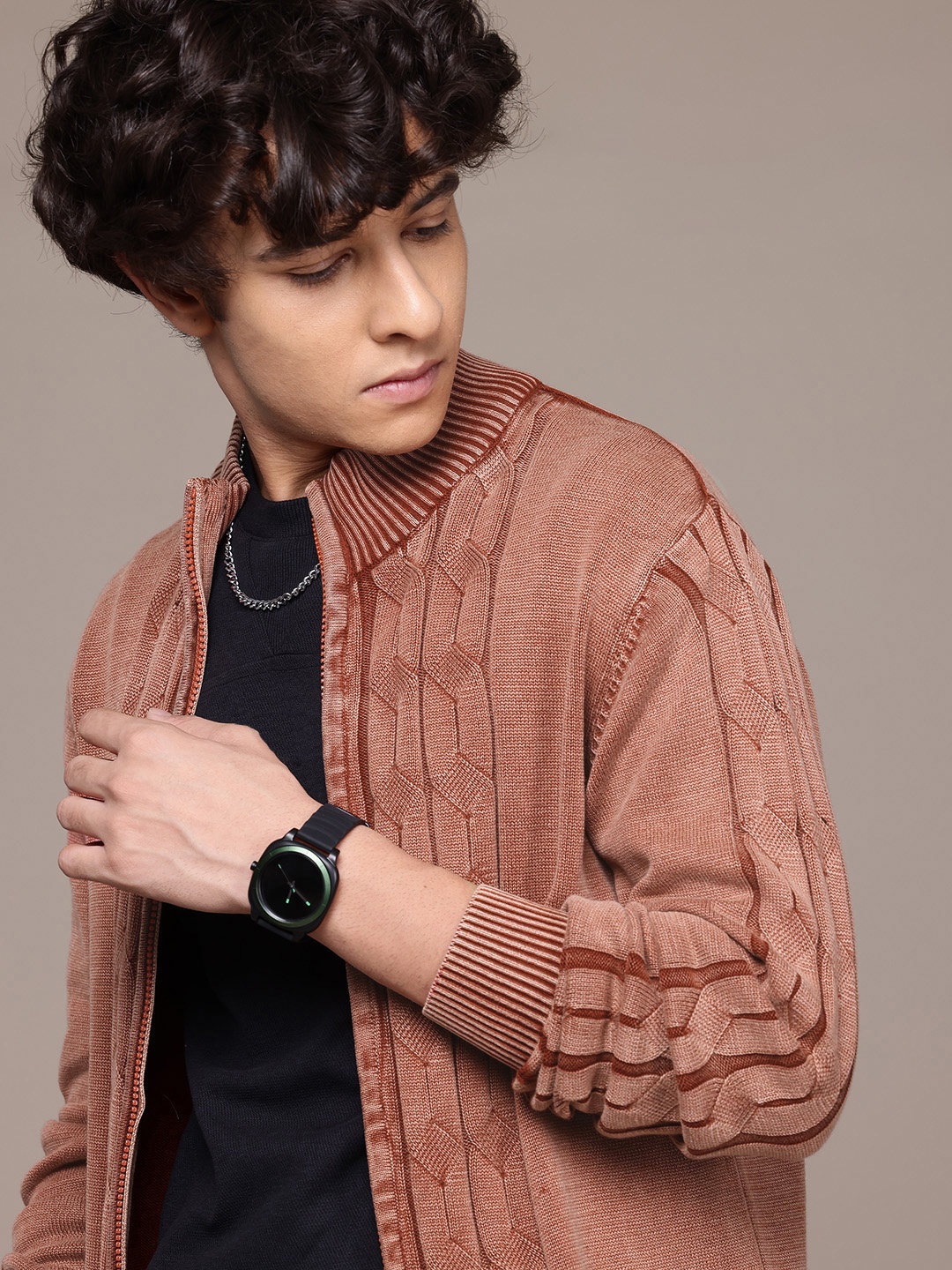 

The Roadster Lifestyle Co. Cable Knit Pure Cotton Cardigan, Rust
