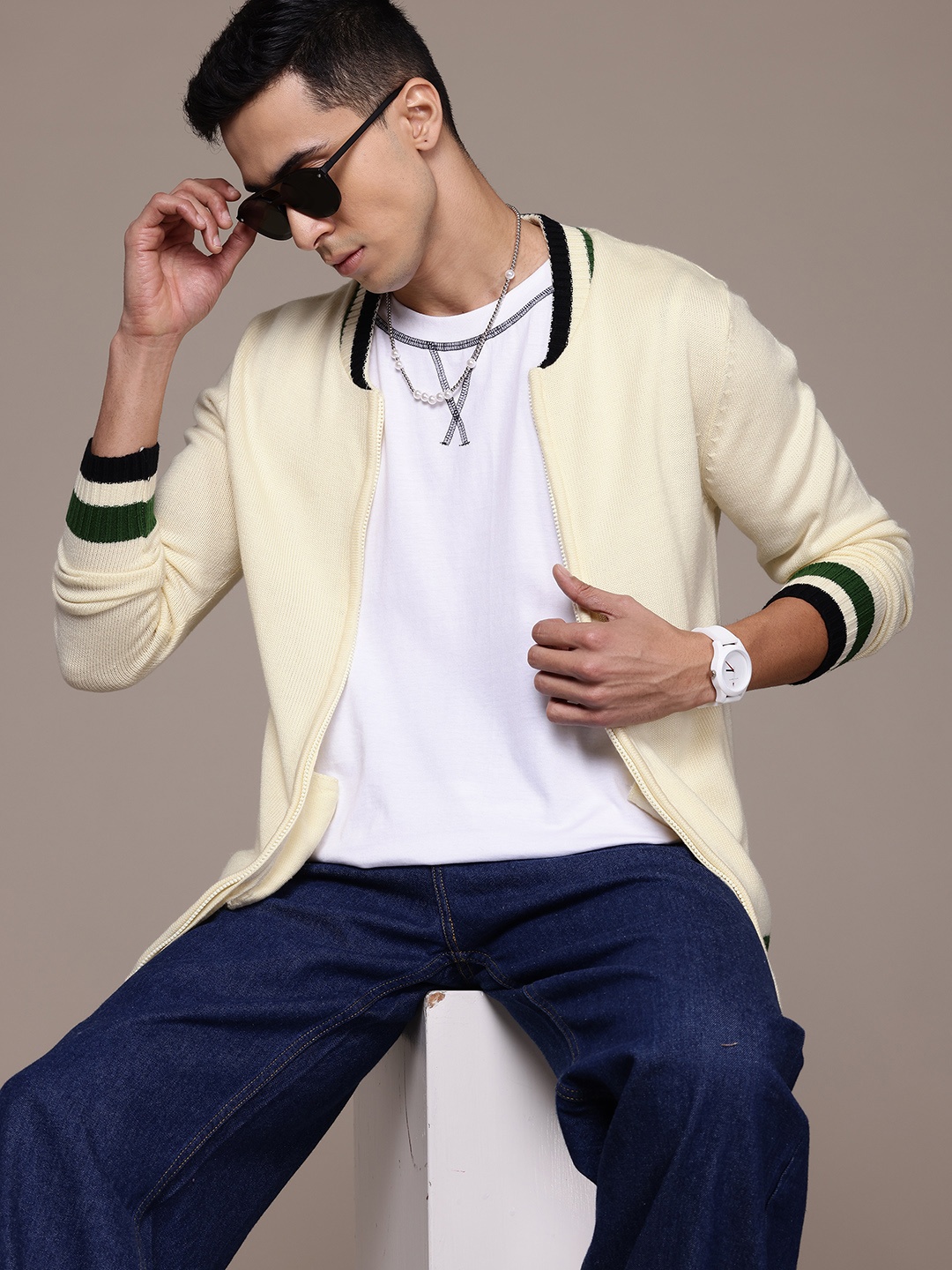 

The Roadster Lifestyle Co. Mock Collar Pure Acrylic Cardigan, Off white