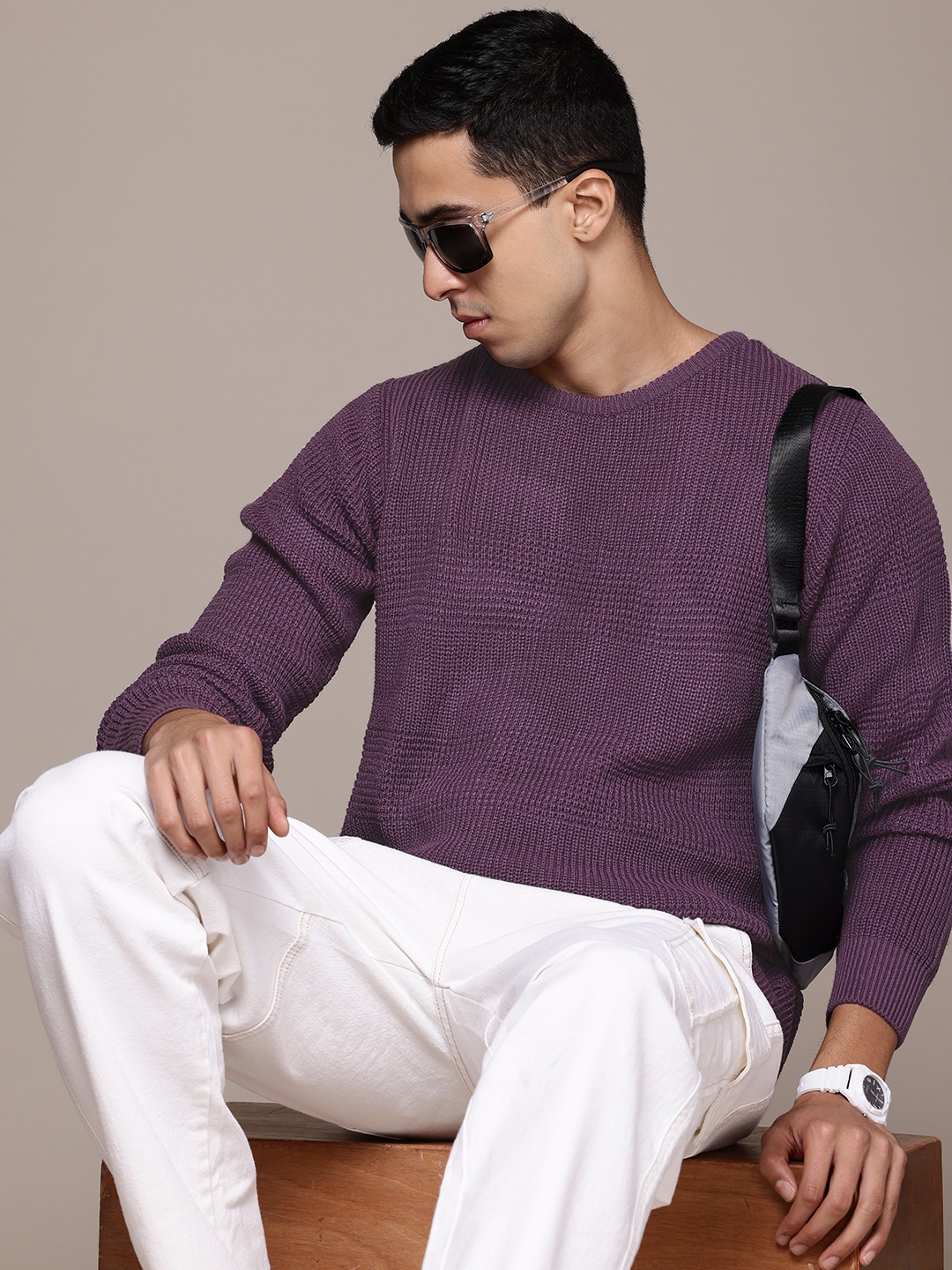 

Roadster The Life Co. Drop-Shoulder Sleeves Textured Pullover, Purple