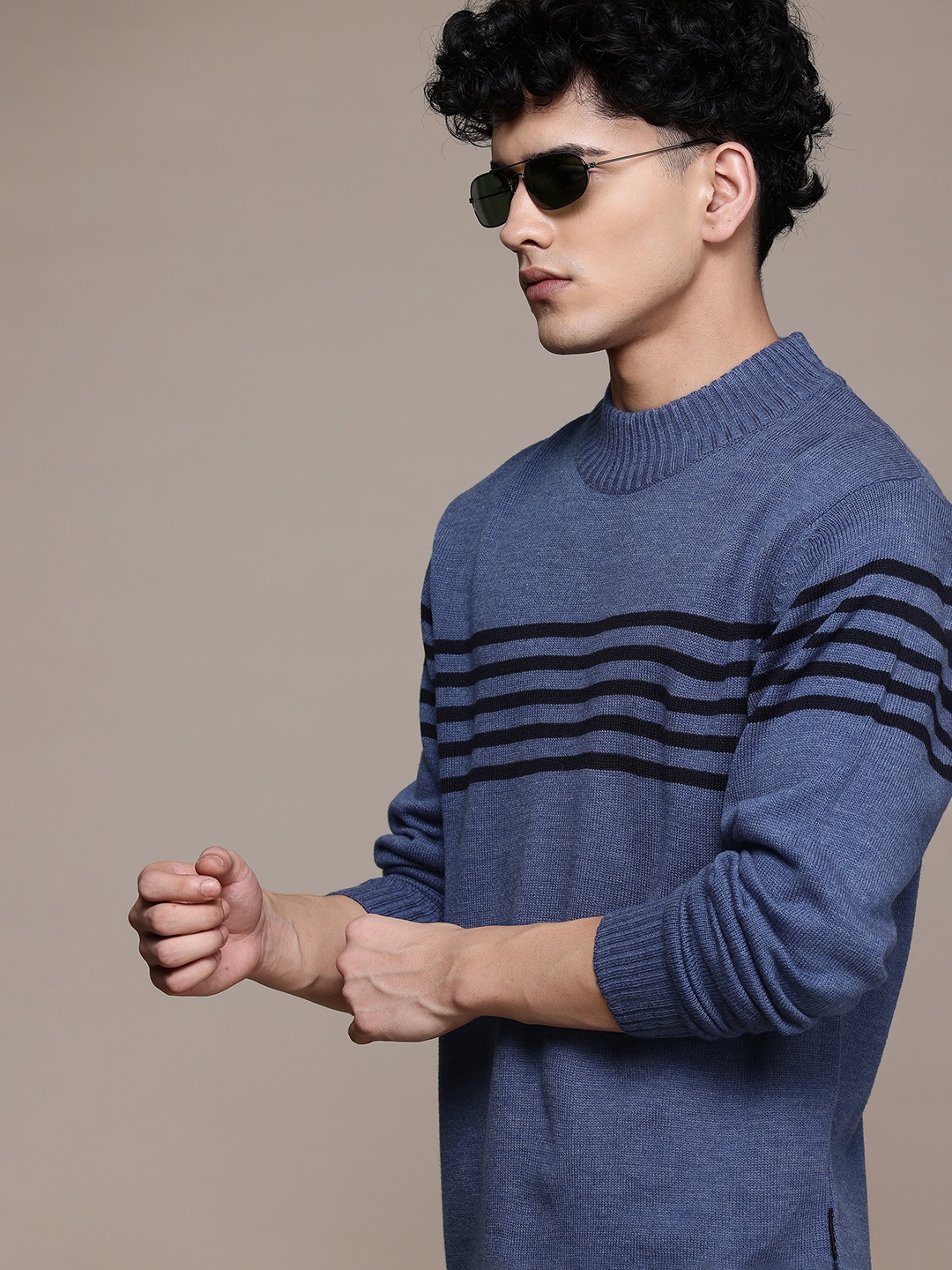 

Roadster Men Perkins Neck Striped Acrylic Sweater, Blue