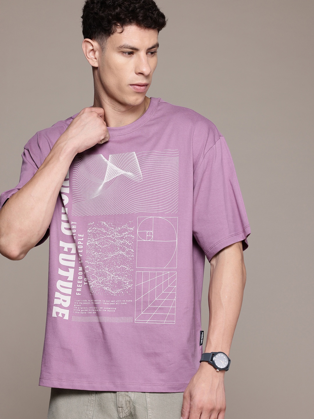 

The Roadster Lifestyle Co. Printed Drop-Shoulder Sleeves Pure Cotton T-shirt, Mauve