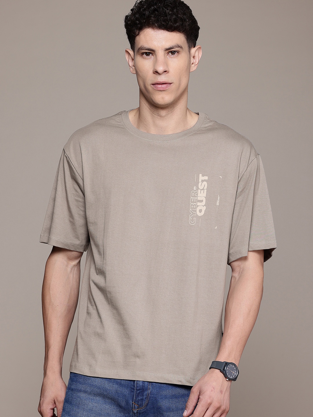 

The Roadster Lifestyle Co. Printed Drop-Shoulder Sleeves Pure Cotton T-shirt, Taupe