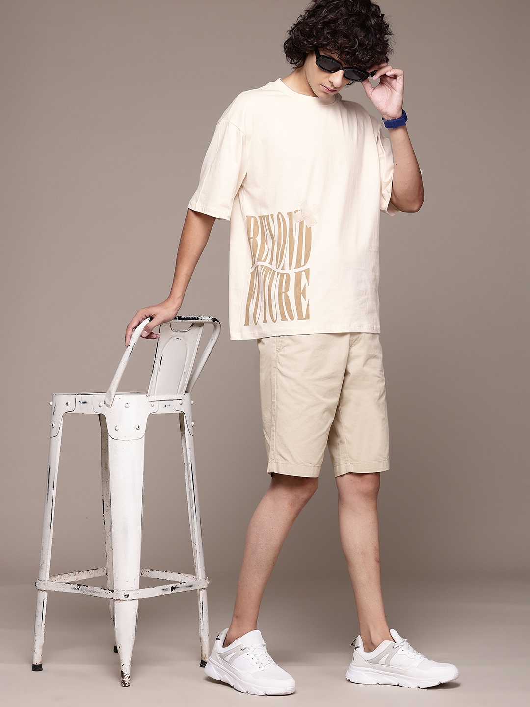 

The Roadster Lifestyle Co. Drop-Shoulder Sleeves Pure Cotton T-shirt, Cream