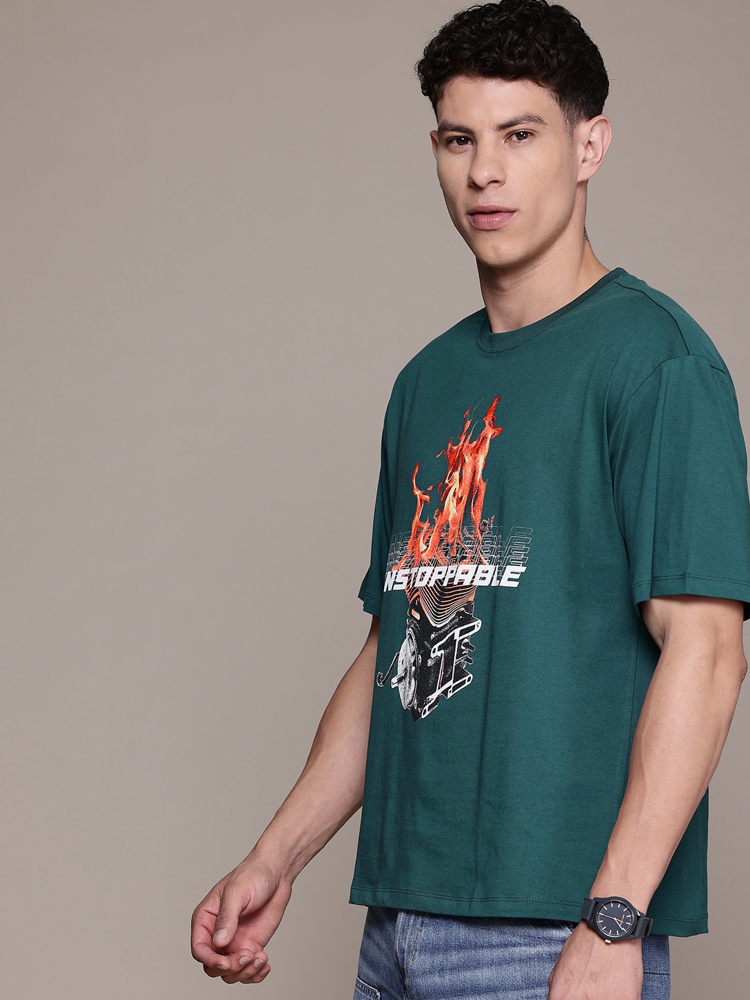 

The Roadster Lifestyle Co. Printed Drop-Shoulder Sleeves Pure Cotton T-shirt, Green