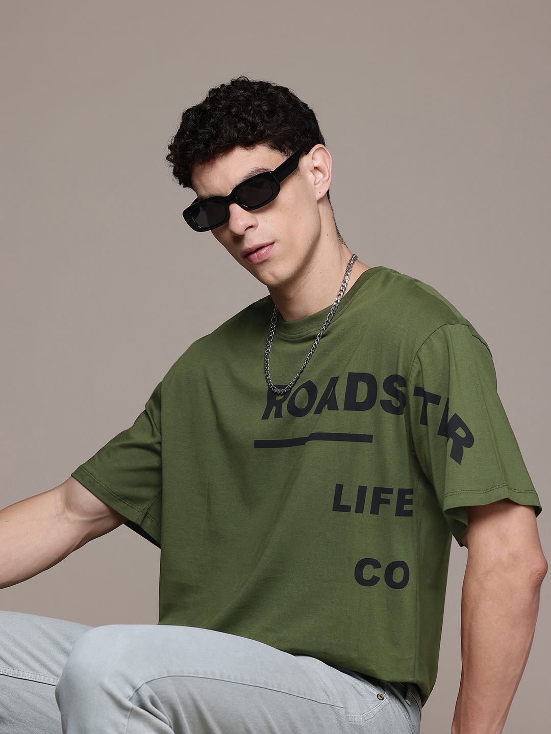

Roadster Men Brand Logo Printed Pure Cotton T-shirt, Olive