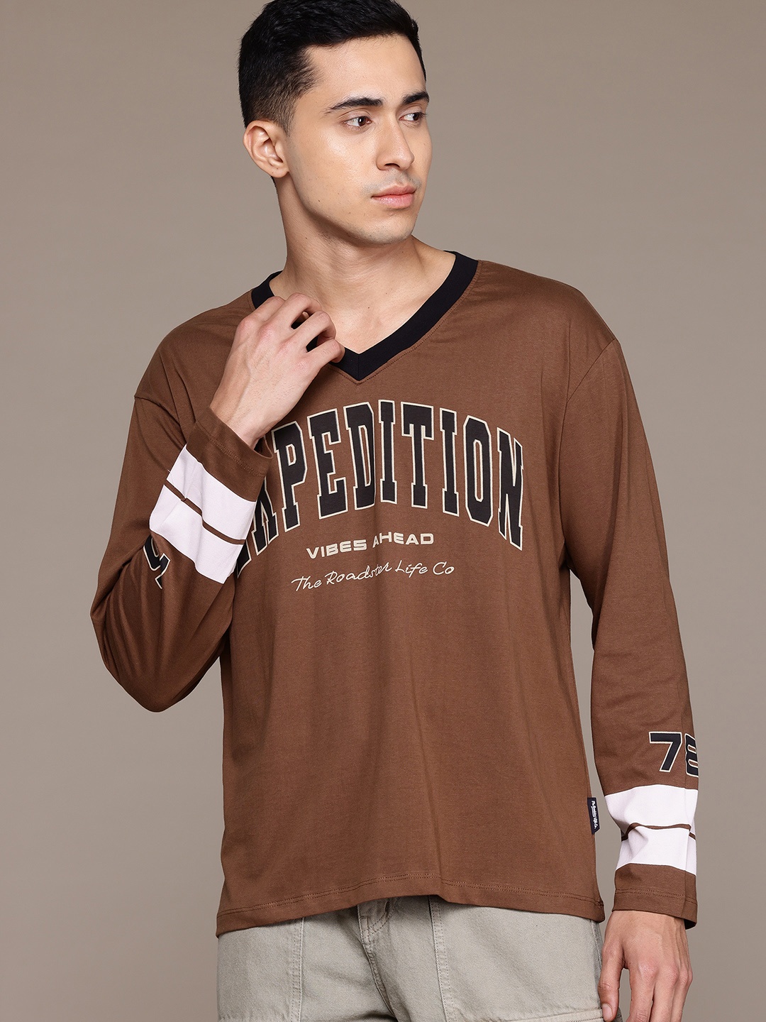 

The Roadster Lifestyle Co. Relaxed Fit V-Neck Pure Cotton T-shirt, Brown