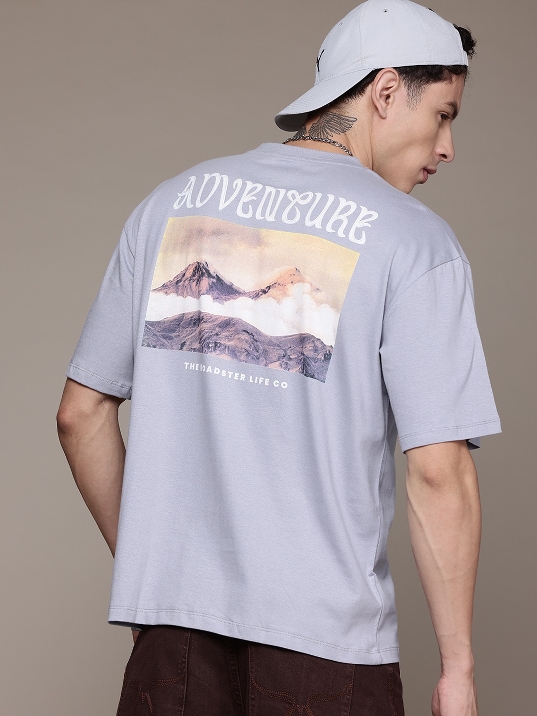 

The Roadster Lifestyle Co. Printed Drop-Shoulder Sleeves Pure Cotton Relaxed T-shirt, Blue