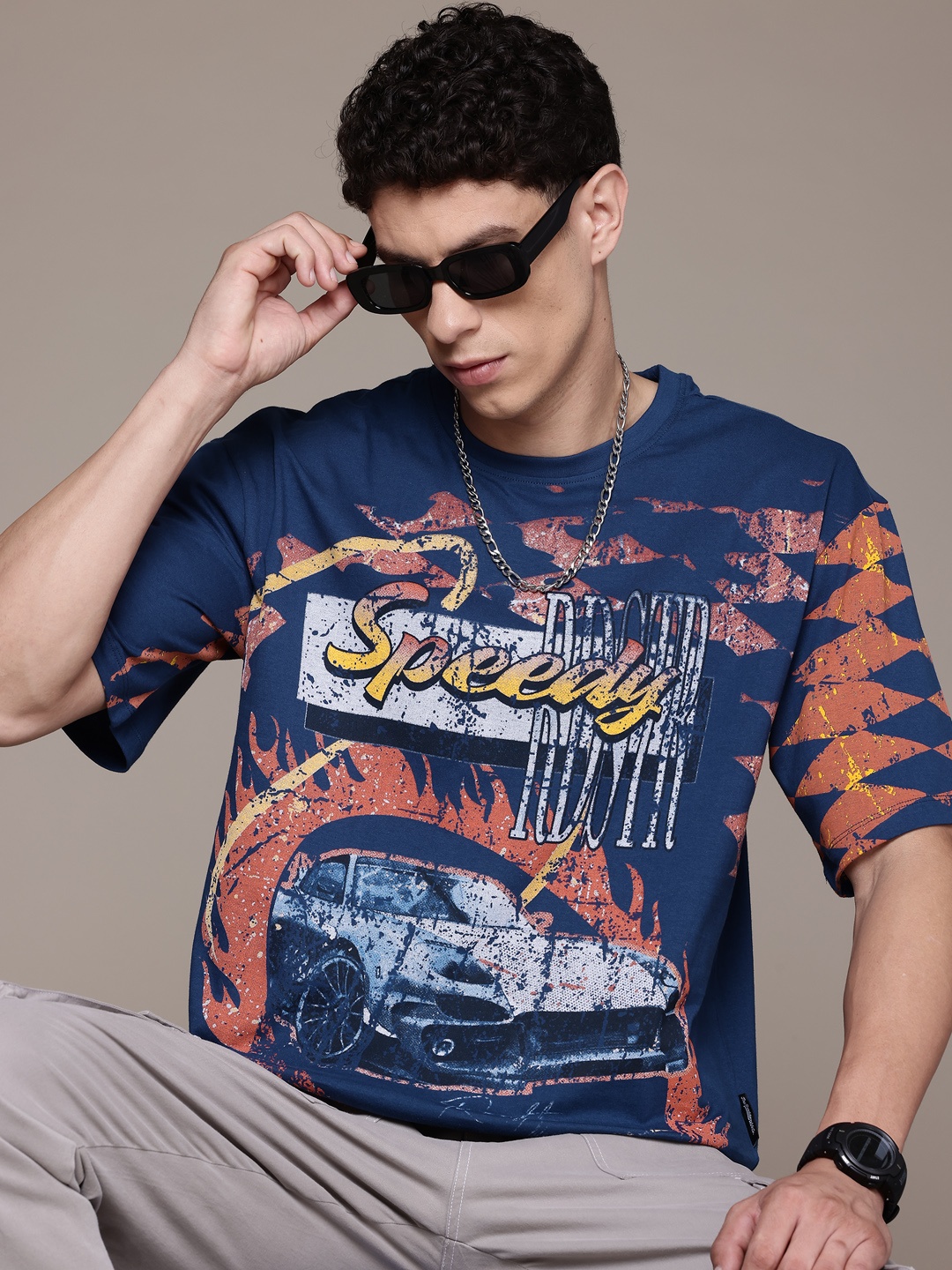 

The Roadster Lifestyle Co. Printed Drop-Shoulder Sleeves Pure Cotton Relaxed T-shirt, Navy blue