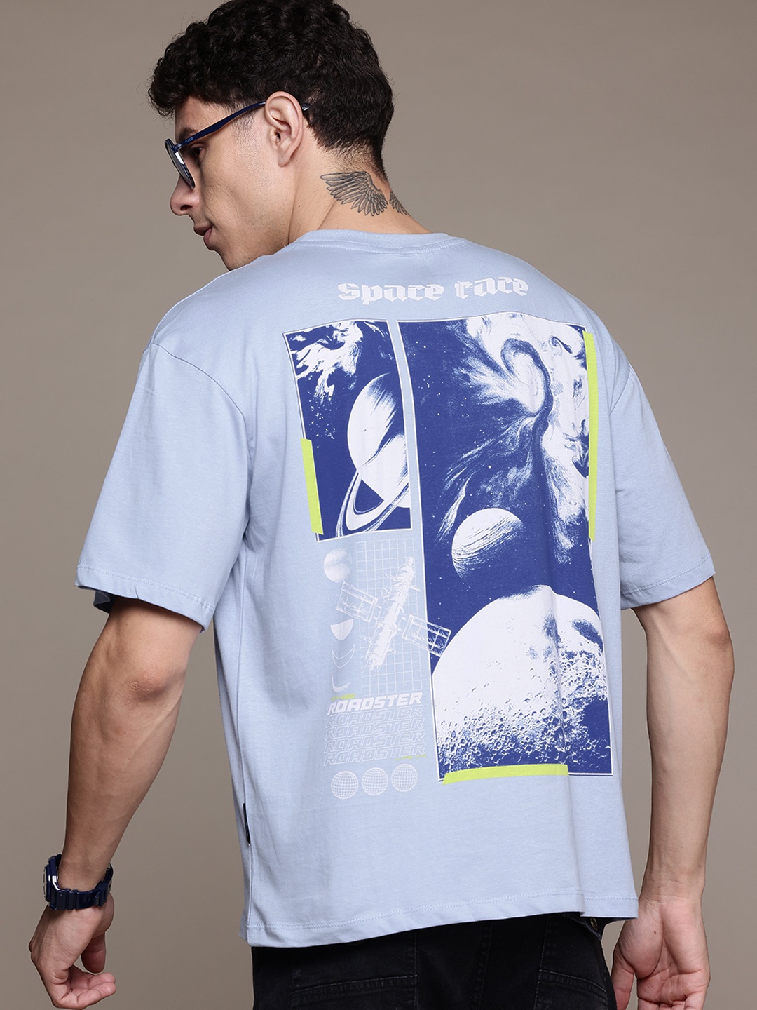

The Roadster Lifestyle Co. Drop-Shoulder Sleeves Pure Cotton Relaxed T-shirt, Blue