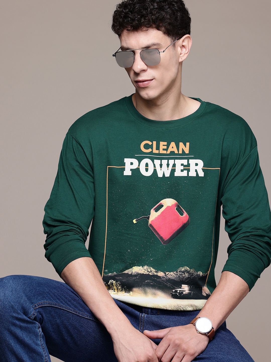 

Roadster Printed Drop-Shoulder Sleeves T-shirt, Green