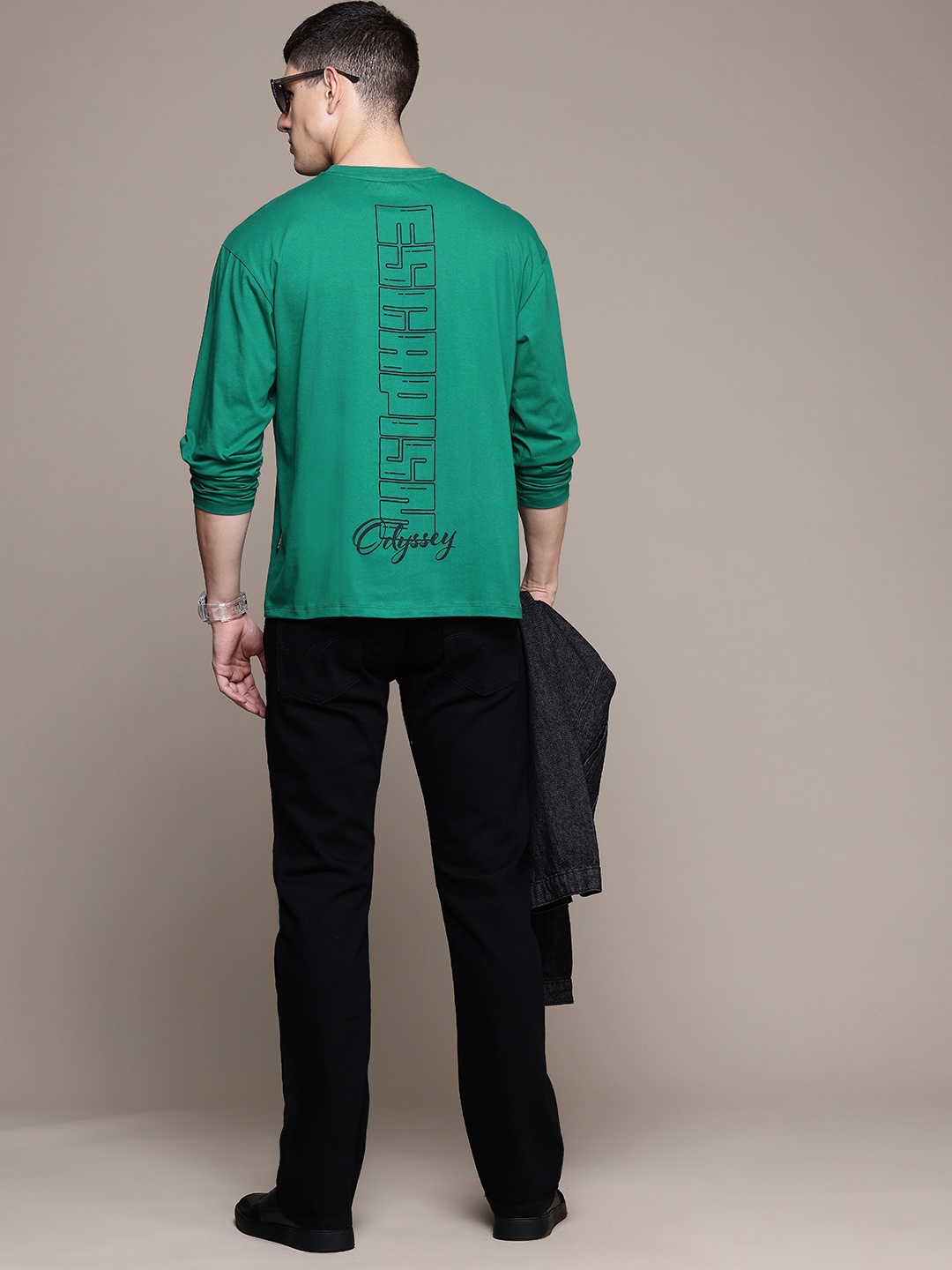 

The Roadster Lifestyle Co. Printed Drop-Shoulder Sleeves Pure Cotton T-shirt, Green