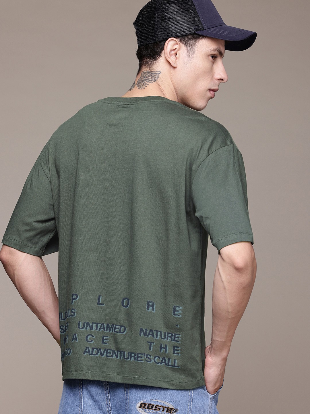

The Roadster Lifestyle Co. Typography Printed Drop-Shoulder Sleeves Pure Cotton T-shirt, Olive