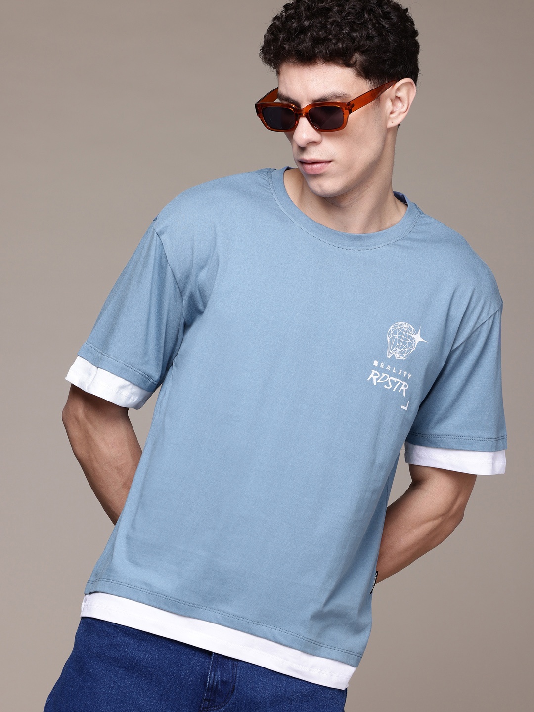 

The Roadster Lifestyle Co. Brand Logo Printed Drop-Shoulder Sleeves Pure Cotton T-shirt, Blue