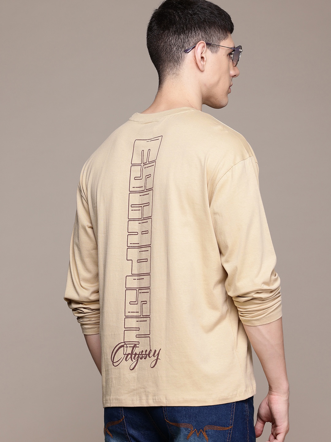 

The Roadster Lifestyle Co. Printed Drop-Shoulder Sleeves Pure Cotton T-shirt, Beige