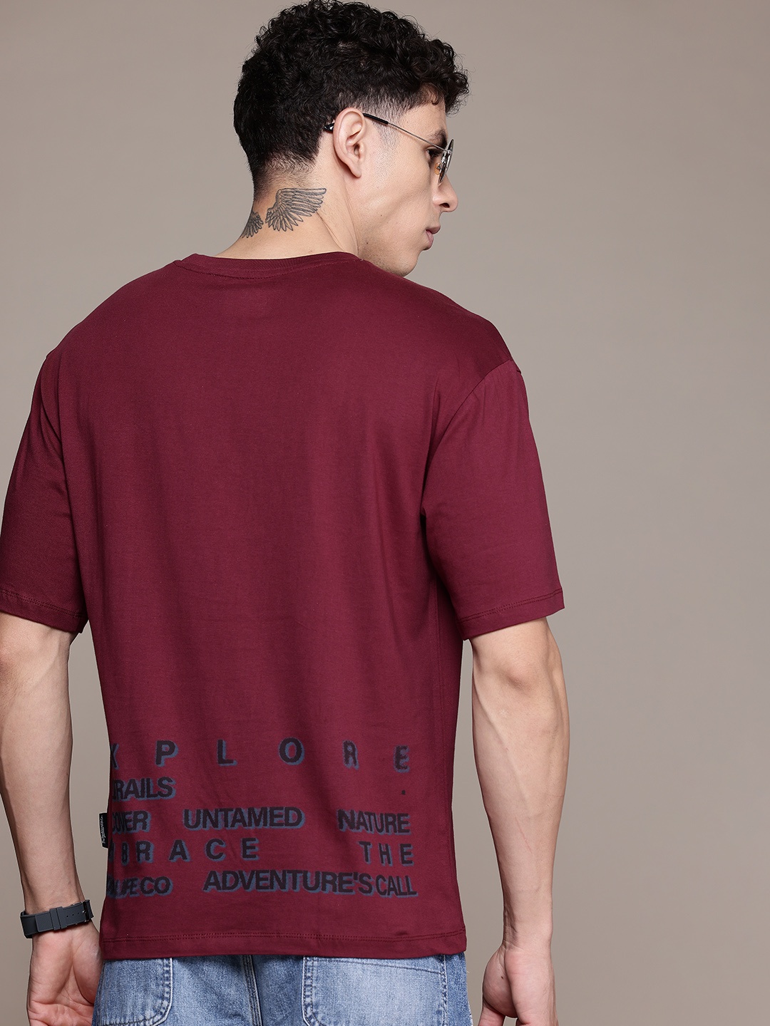 

The Roadster Lifestyle Co. Printed Drop-Shoulder Sleeves Pure Cotton T-shirt, Maroon