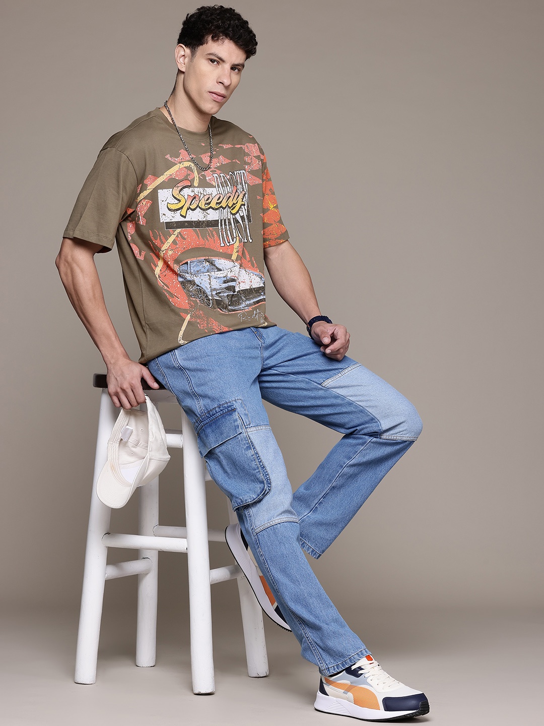 

The Roadster Lifestyle Co. Printed Relaxed Fit Pure Cotton T-shirt, Olive