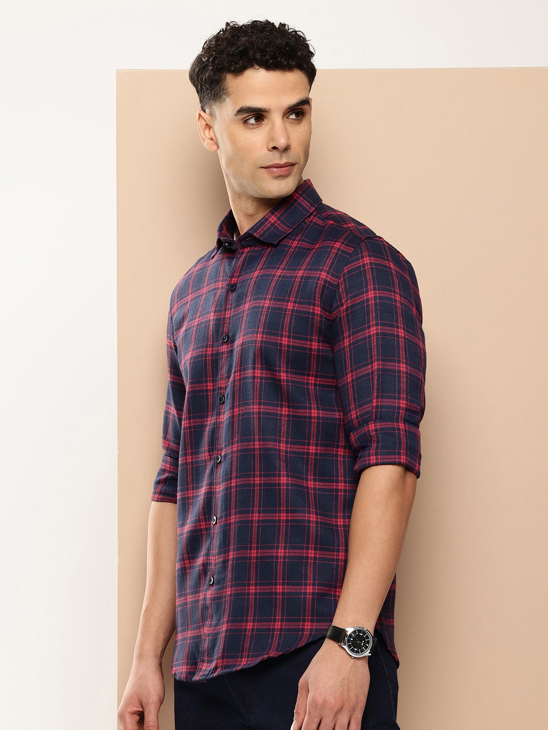 

encore by INVICTUS Tartan Checks Opaque Casual Shirt, Navy blue