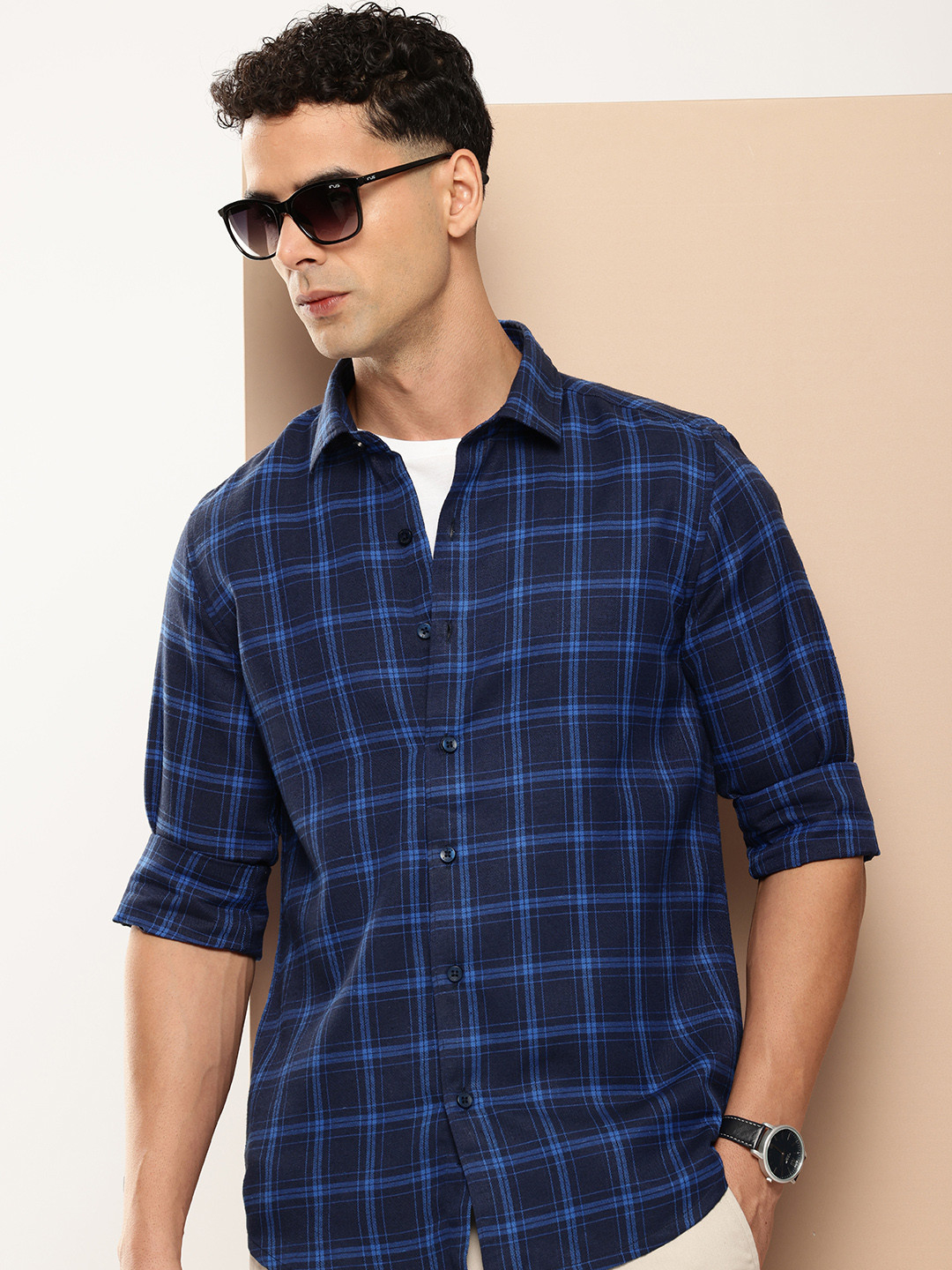 

encore by INVICTUS Tartan Checks Casual Shirt, Navy blue