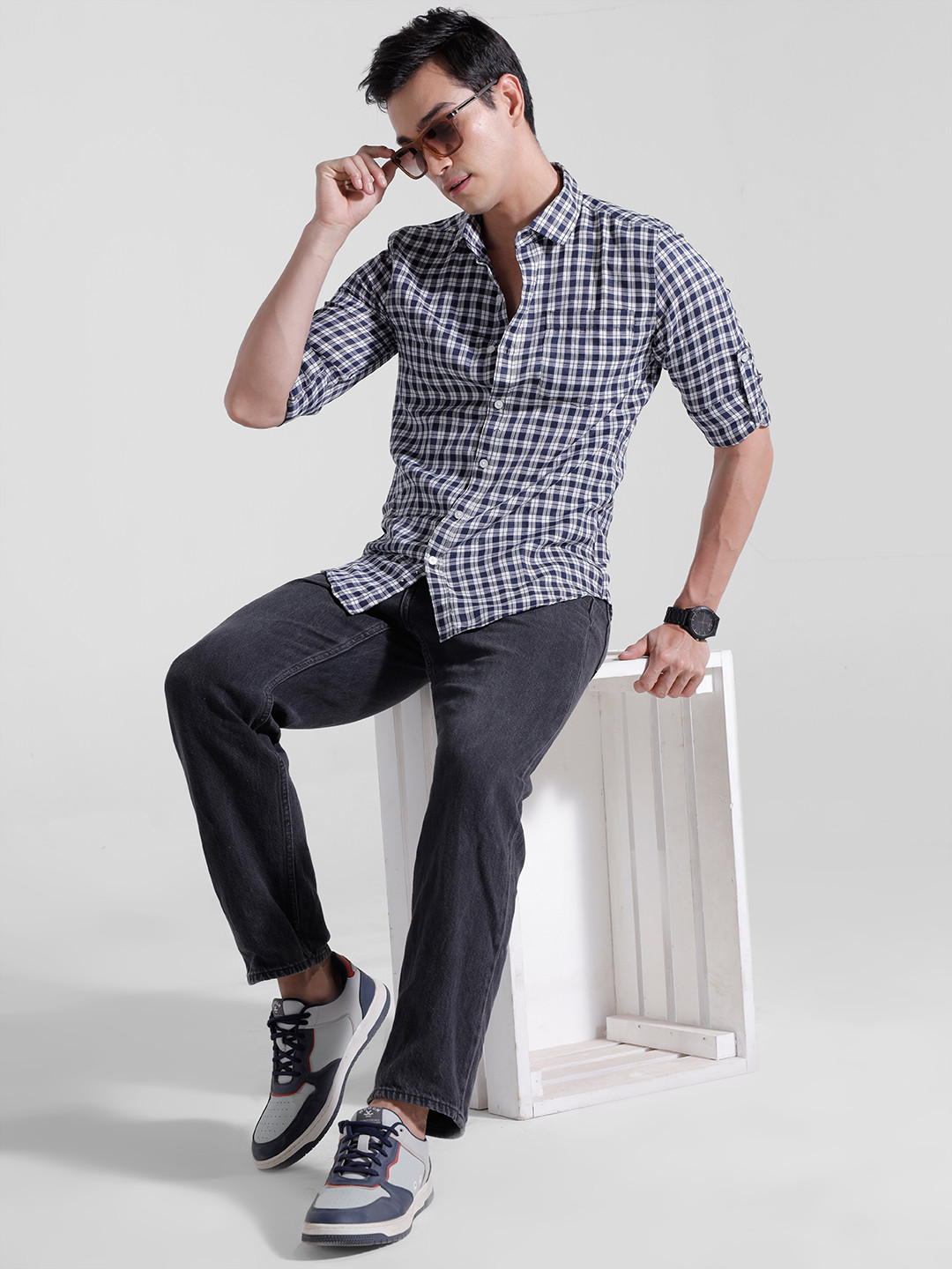 

encore by INVICTUS Opaque Checked Casual Shirt, Navy blue