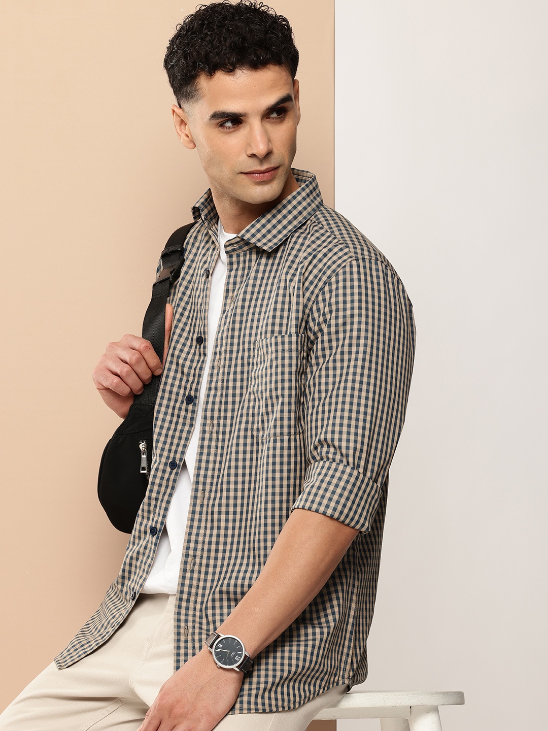 

encore by INVICTUS Checked Spread Collar Casual Shirt, Beige