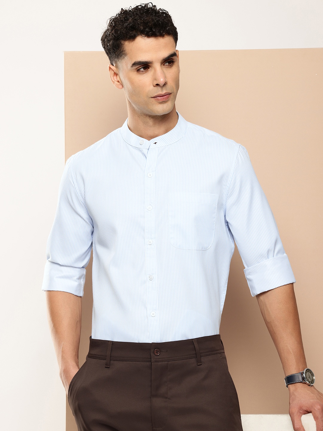 encore by INVICTUS Opaque Striped Band Collar Casual Shirt, Blue