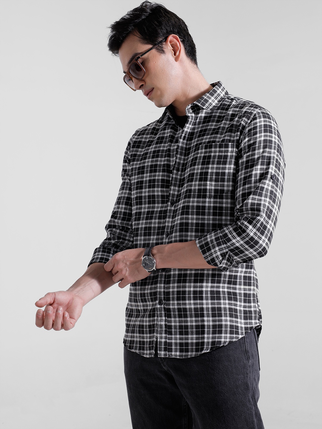 encore by INVICTUS Opaque Checked Casual Shirt, Black