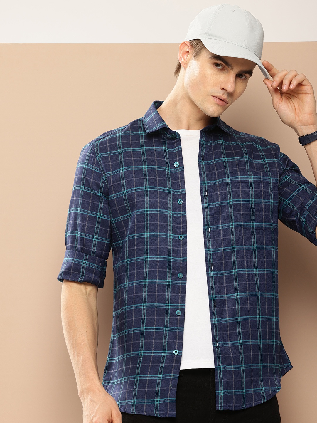 encore by INVICTUS Checked Casual Shirt, Navy blue