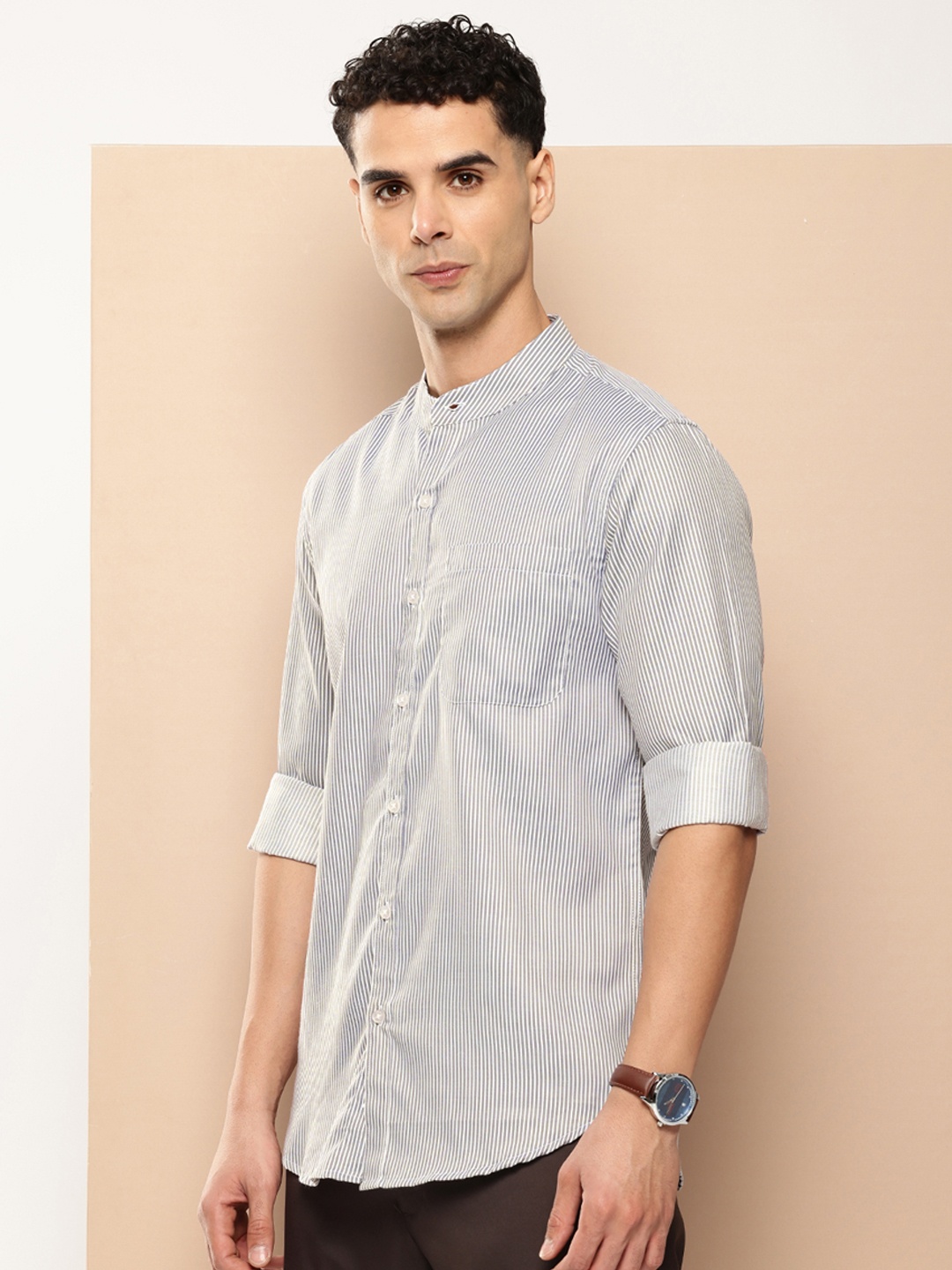 encore by INVICTUS Opaque Band Collar Striped Casual Shirt, White