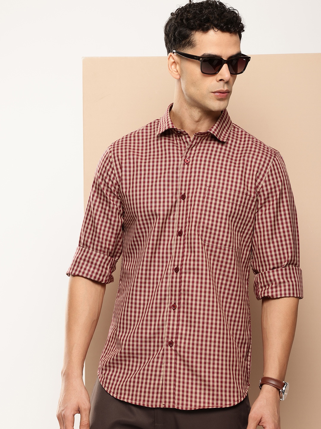 

encore by INVICTUS Checked Spread Collar Casual Shirt, Maroon